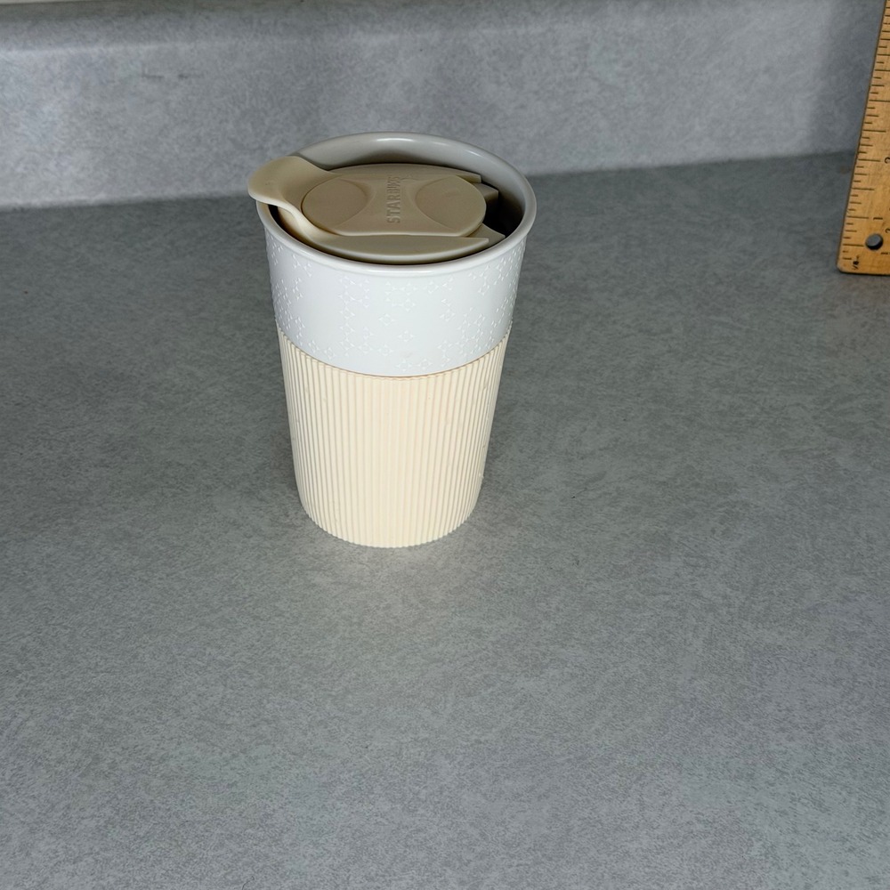 Starbucks 8oz Ceramic Travel Mug Tumbler White Cream Silicone Sleeve 2013